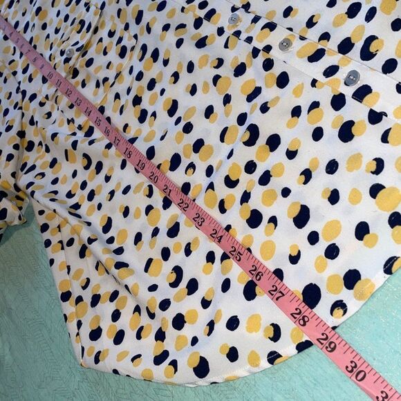 Denim & Co. Stretch Crepe Printed Dot Point Collar Shirt Navy/Yellow XL - Picture 9 of 14